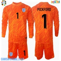 Camisa de time de futebol Inglaterra Jordan Pickford #1 Goleiro Replicas 1º Equipamento Infantil Europeu 2024 Manga Comprida (+ Calças curtas)